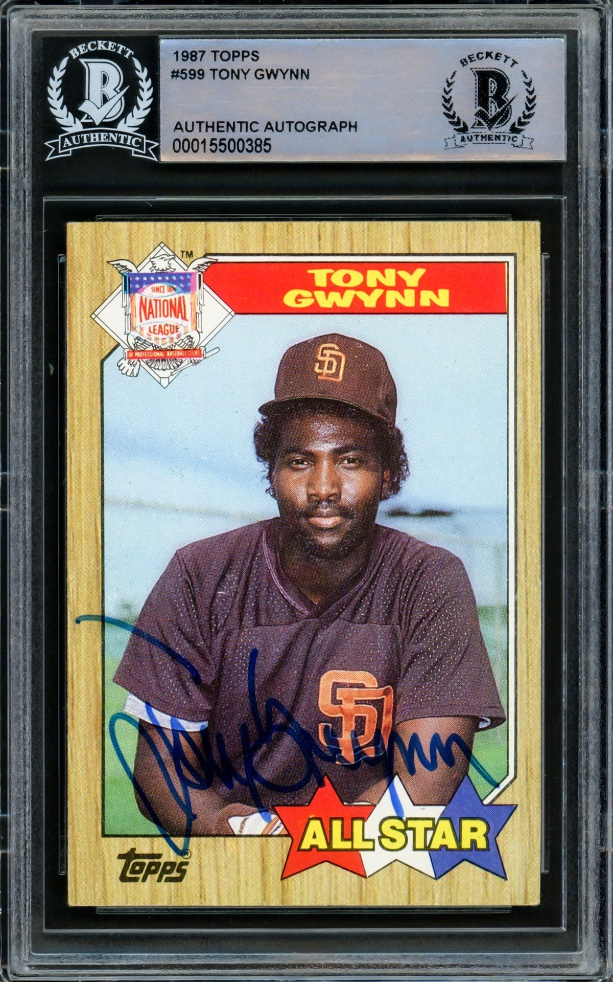 Tony Gwynn Autographed 1987 Topps Card #599 San Diego Padres Beckett BAS #15500385