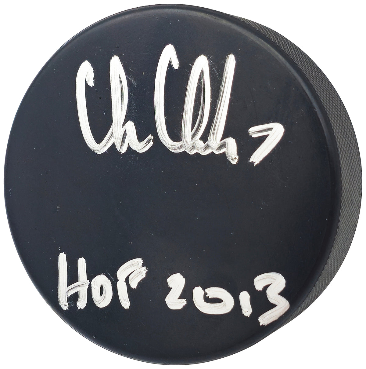 Chris Chelios Autographed Official Chicago Blackhawks Logo Hockey Puck "HOF 2013" Beckett BAS Witness