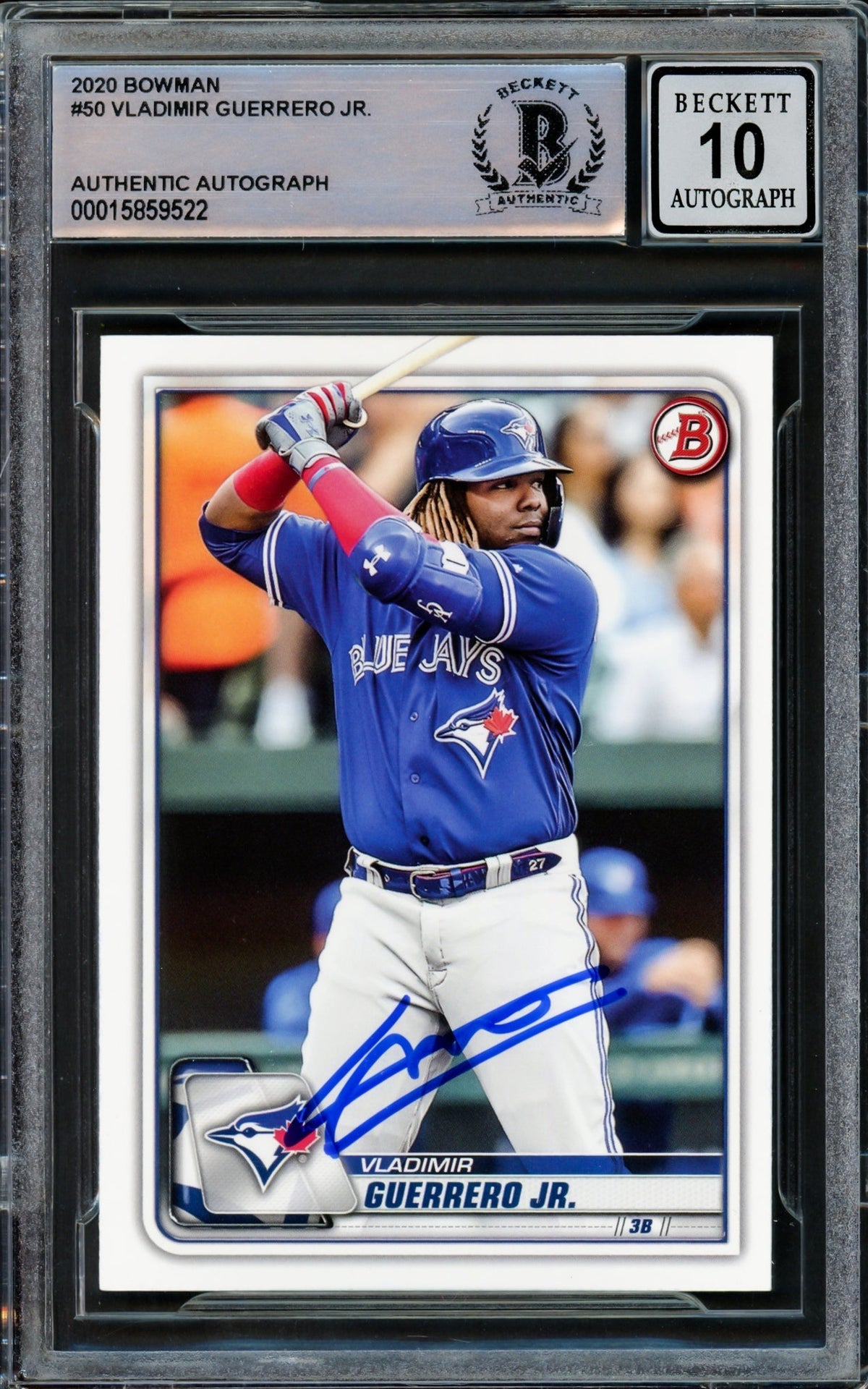 Vladimir Guerrero Jr. Autographed 2020 Bowman Card #50 Toronto Blue Jays Auto Grade Gem Mint 10 Beckett BAS Stock #218650