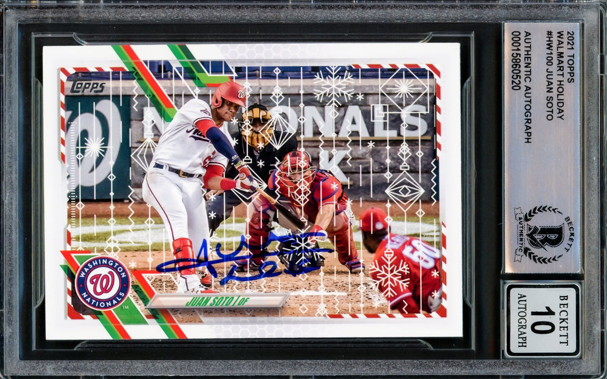 Juan Soto Autographed 2021 Topps Holiday Card #HW100 Washington Nationals Auto Grade Gem Mint 10 Beckett BAS Stock #218670