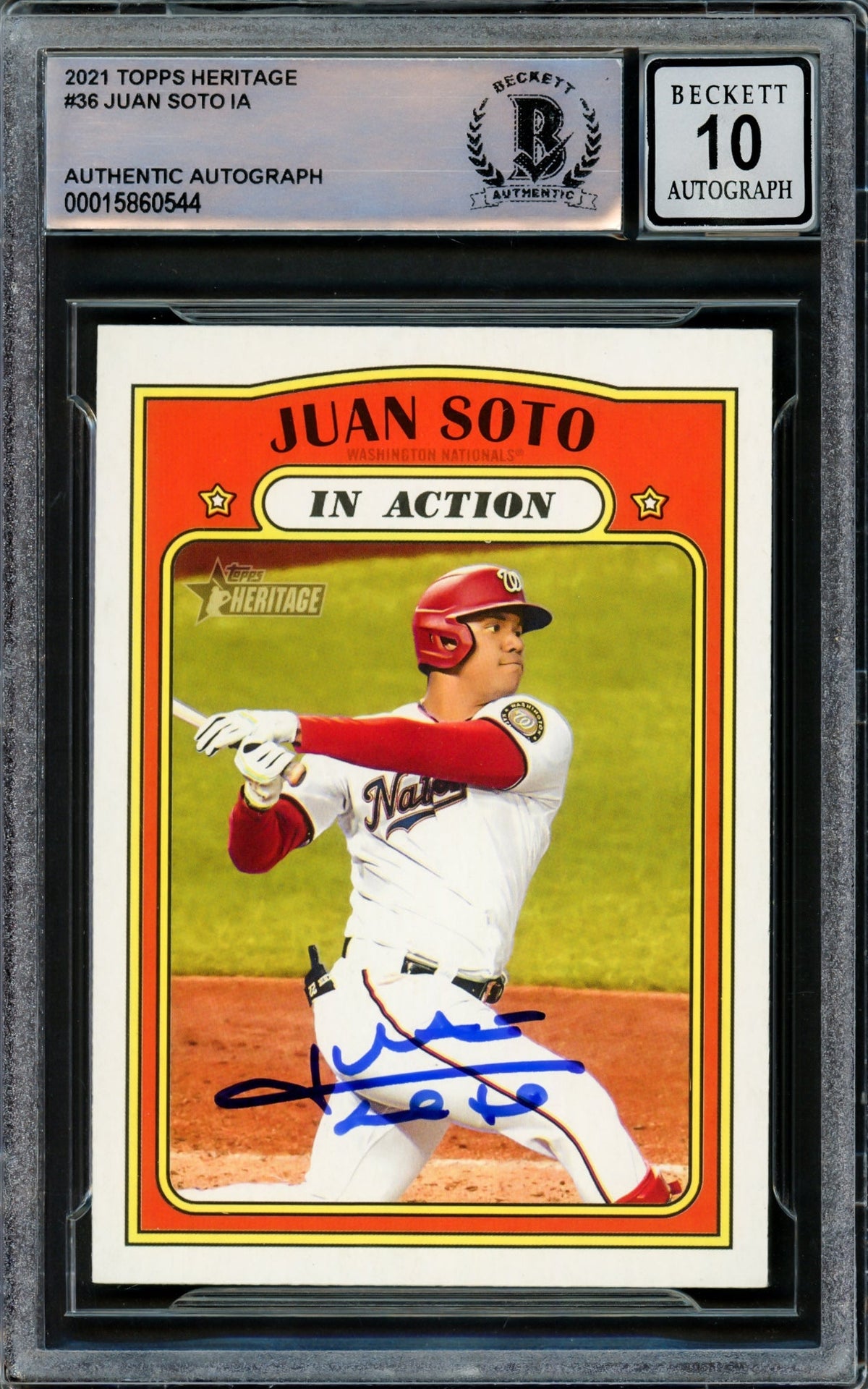 Juan Soto Autographed 2021 Topps Heritage Card #36 Washington Nationals Auto Grade Gem Mint 10 Beckett BAS Stock #218672