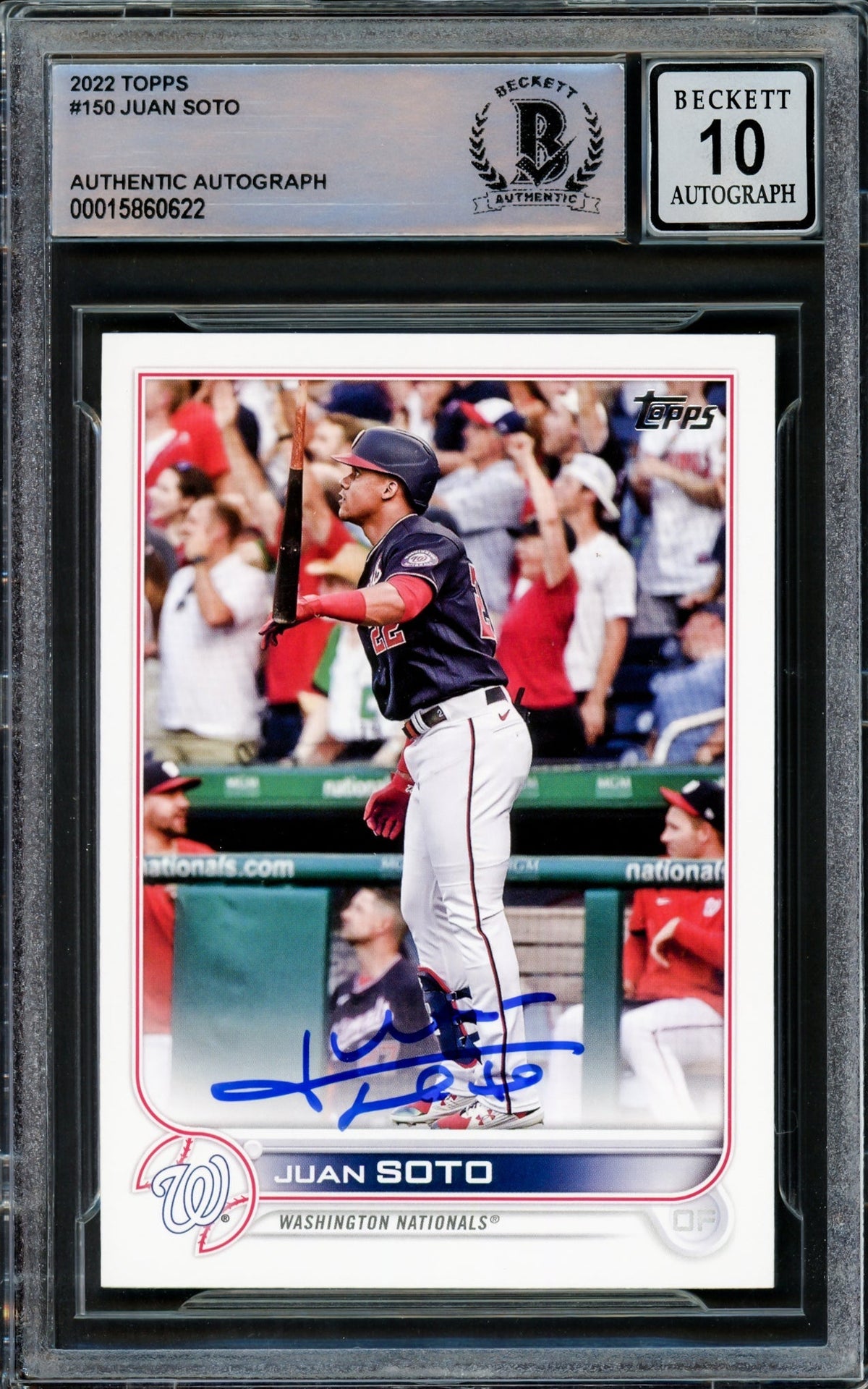 Juan Soto Autographed 2022 Topps Card #150 Washington Nationals Auto Grade Gem Mint 10 Beckett BAS Stock #218674