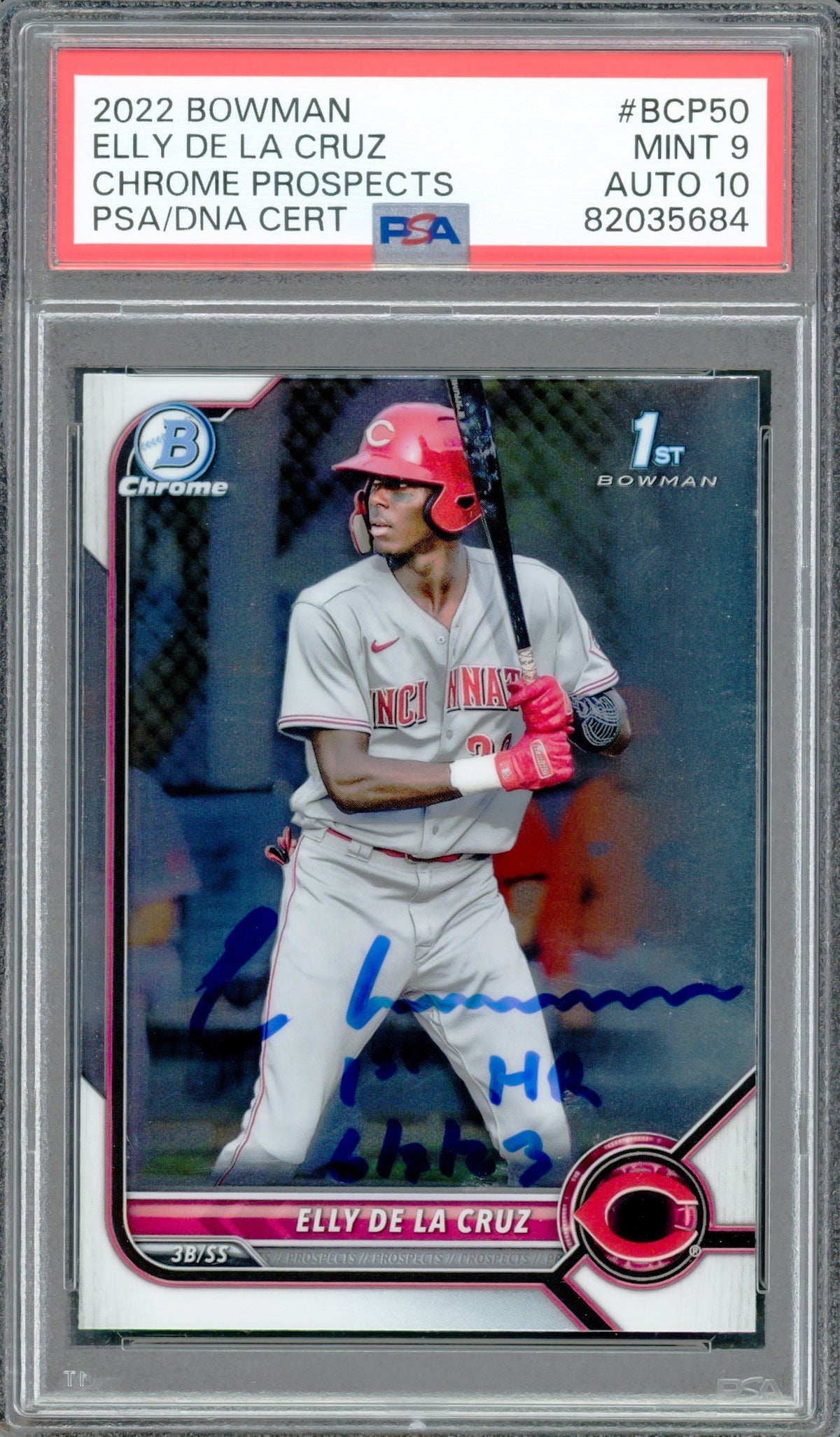Elly De La Cruz Autographed 2022 1st Bowman Chrome Prospects Rookie Card #BCP50 Cincinnati Reds PSA 9 Auto Grade Gem Mint 10 "1st HR 6/7/23" PSA/DNA