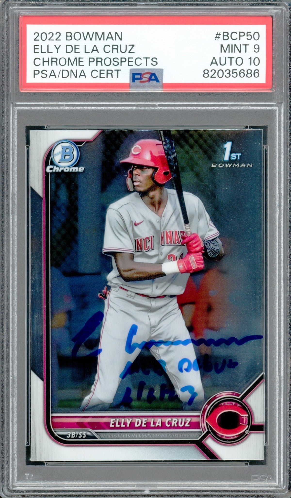 Elly De La Cruz Autographed 2022 1st Bowman Chrome Prospects Rookie Card #BCP50 Cincinnati Reds PSA 9 Auto Grade Gem Mint 10 "MLB Debut 6/6/23" PSA/DNA