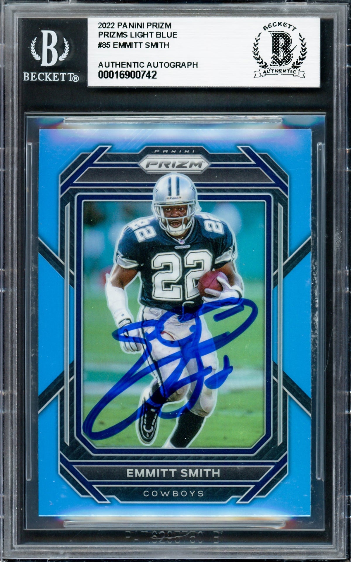 Emmitt Smith Autographed 2022 Panini Prizm Prizms Light Blue Card #85 Dallas Cowboys Beckett BAS #16900742