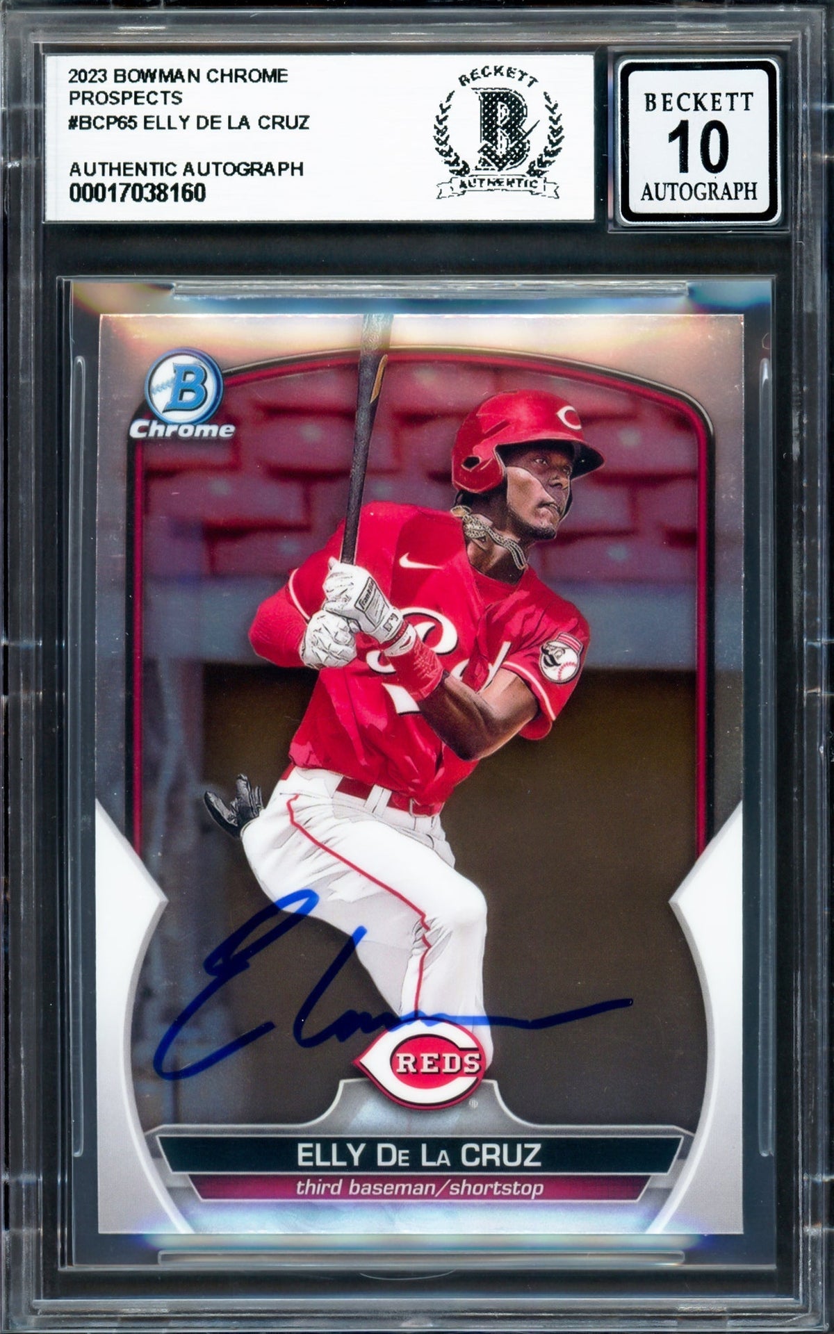 Elly De La Cruz Autographed 2023 Bowman Chrome Prospects Rookie Card #BCP65 Cincinnati Reds Auto Grade Gem Mint 10 Beckett BAS