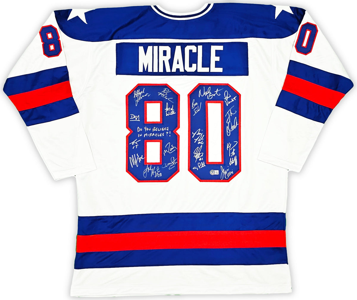 1980 USA Olympics Hockey Miracle On Ice Team Signed Autographed White Jersey "Do You Believe In Miracles?!" With 19 Signatures Including Jim Craig & Mike Eruzione Beckett BAS Witness Stock #220107