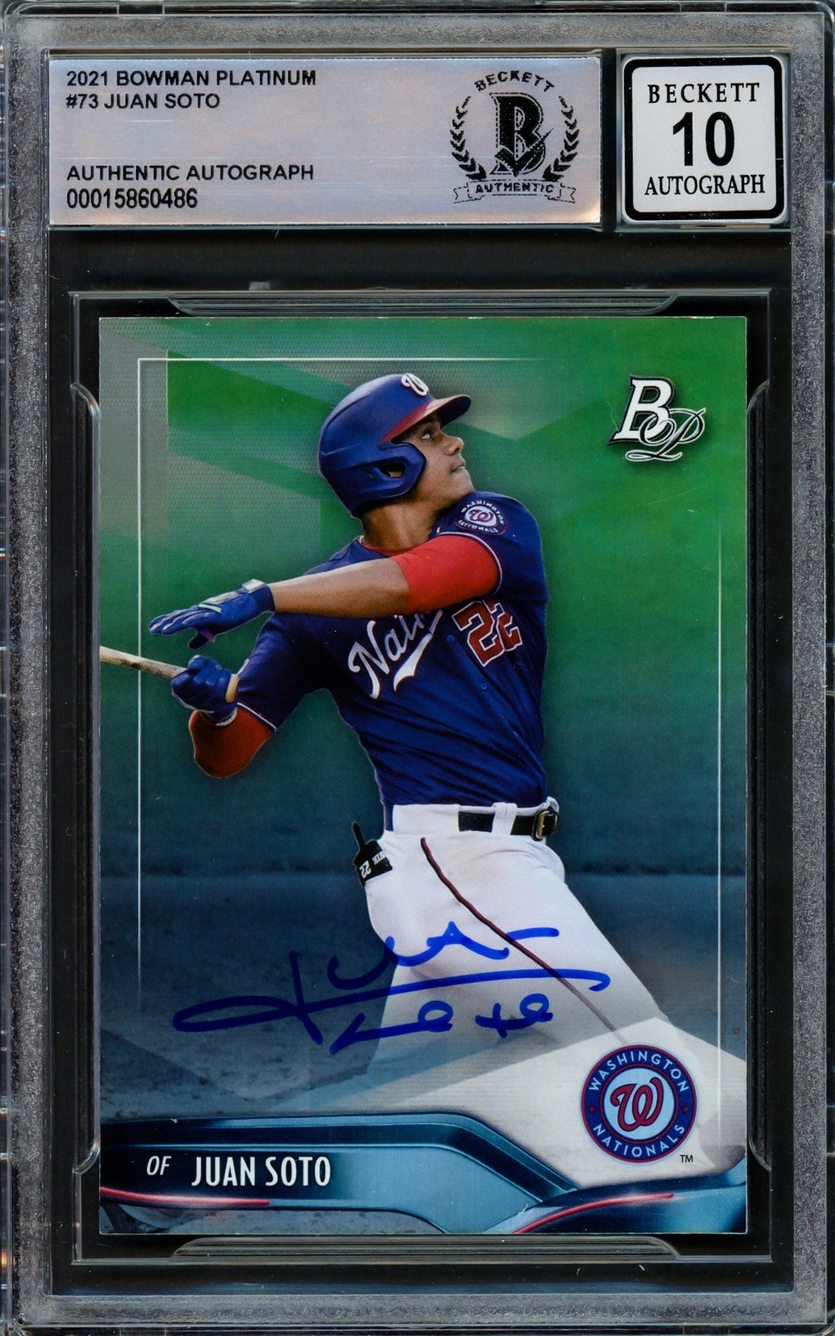 Juan Soto Autographed 2021 Bowman Platinum Card #73 Washington Nationals Auto Grade Gem Mint 10 Beckett BAS #15860486