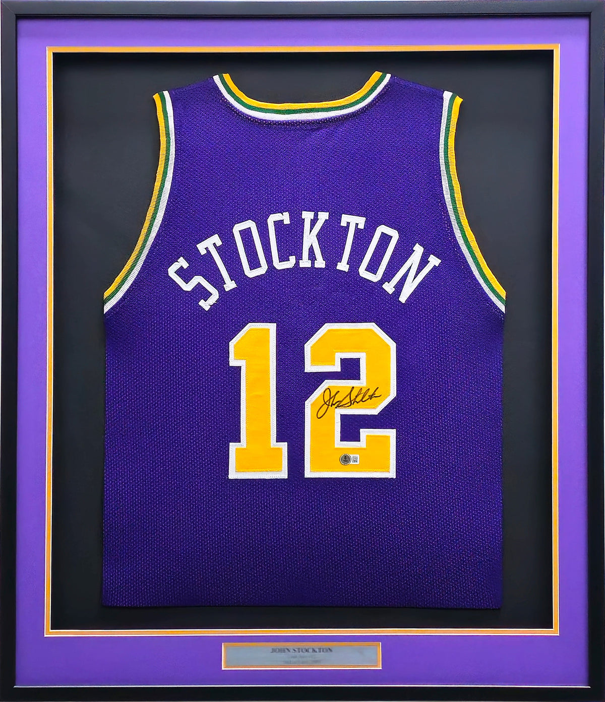 Utah Jazz John Stockton Autographed Framed Purple Jersey Beckett BAS Witness