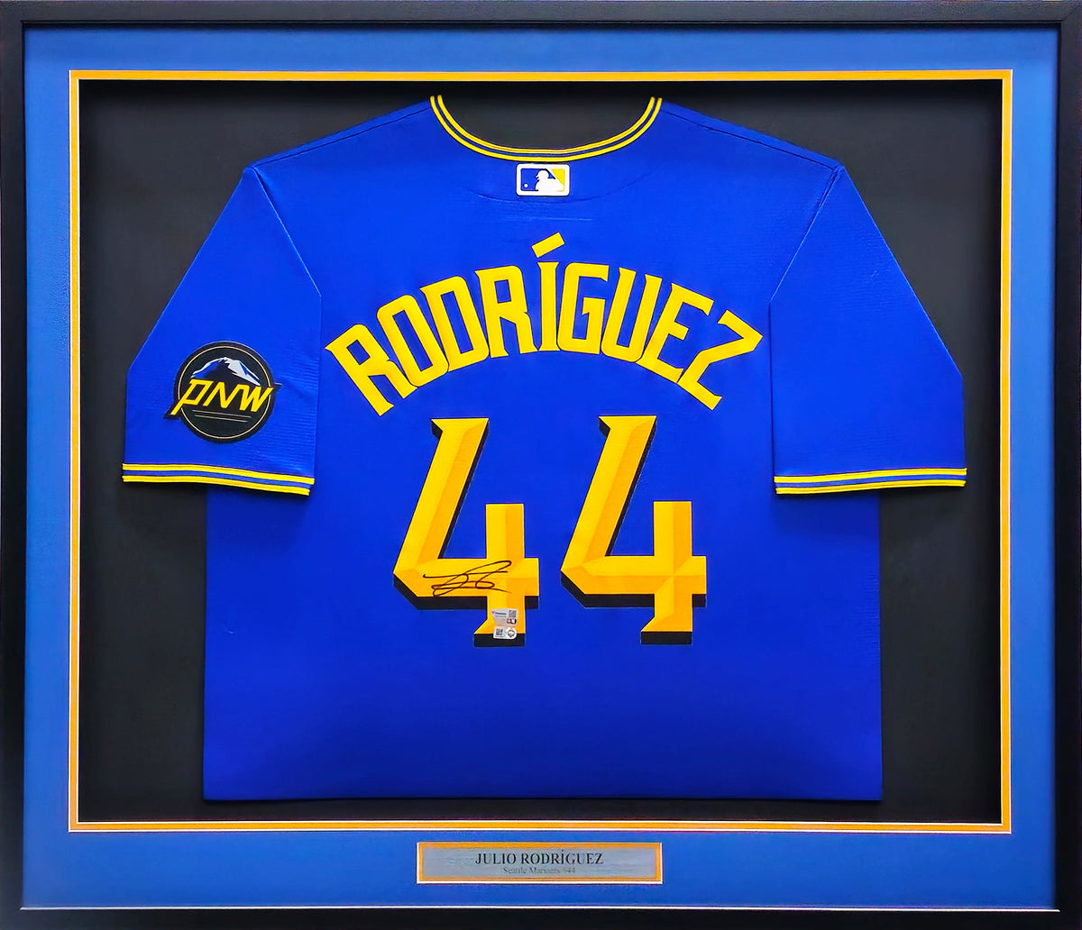 Seattle Mariners Julio Rodriguez Autographed Framed Blue Nike City Connect Jersey Fanatics & MLB Holo