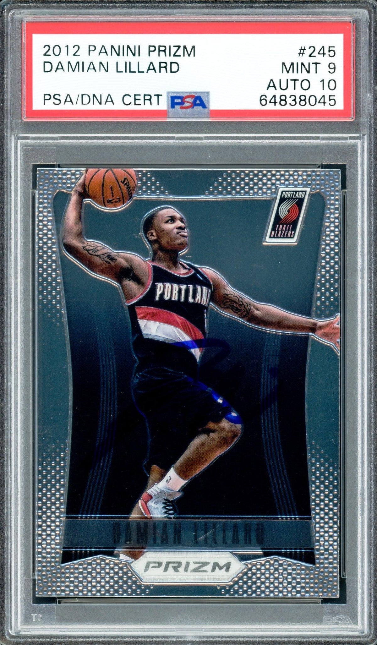 Damian Lillard Autographed 2012 Panini Prizm Rookie Card #245 Portland Trail Blazers PSA 9 Auto Grade Gem Mint 10 On Card PSA/DNA #64838045