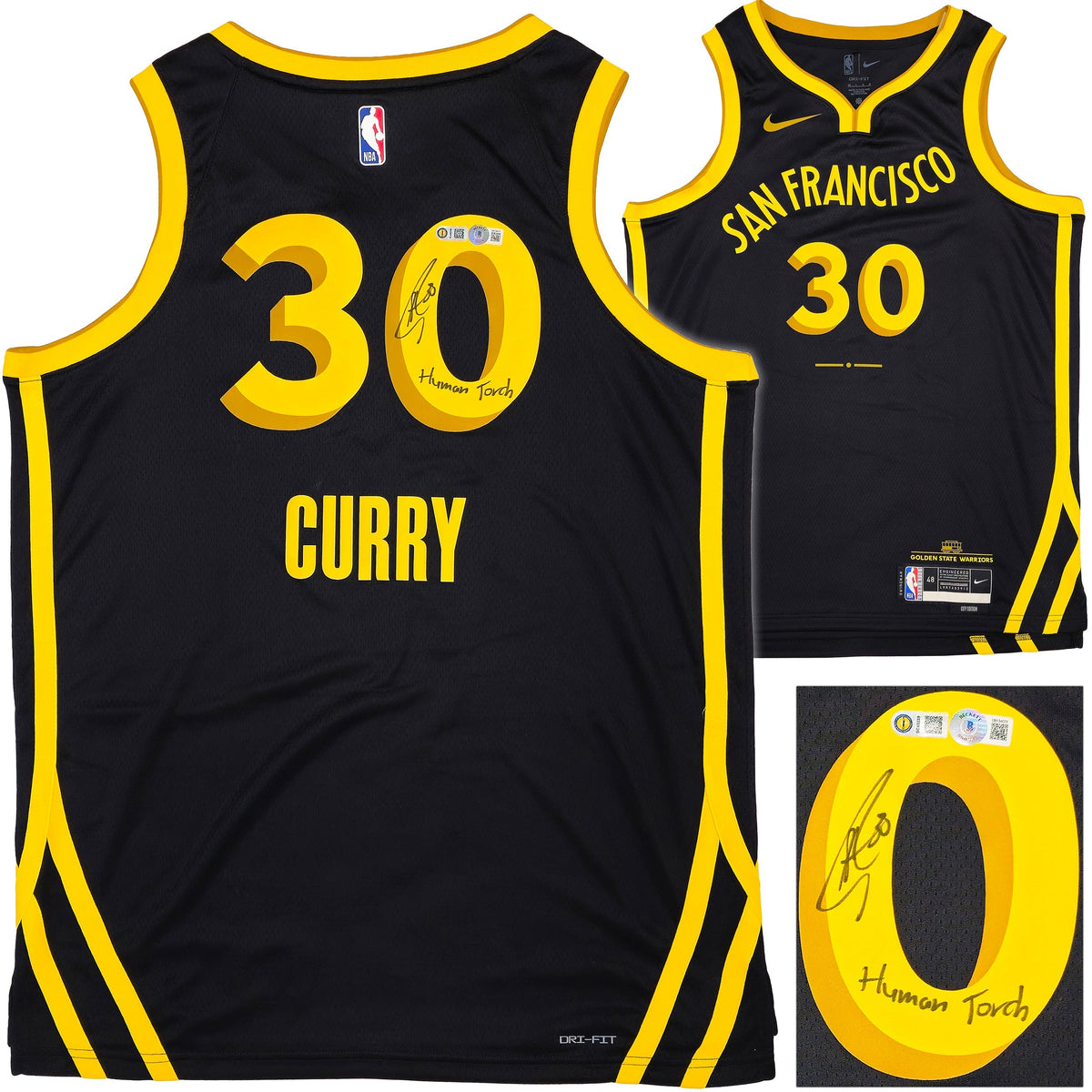 Golden State Warriors Stephen Curry Autographed Black Nike Swingman City Edition Jersey Size 48 "Human Torch" Beckett BAS Witness