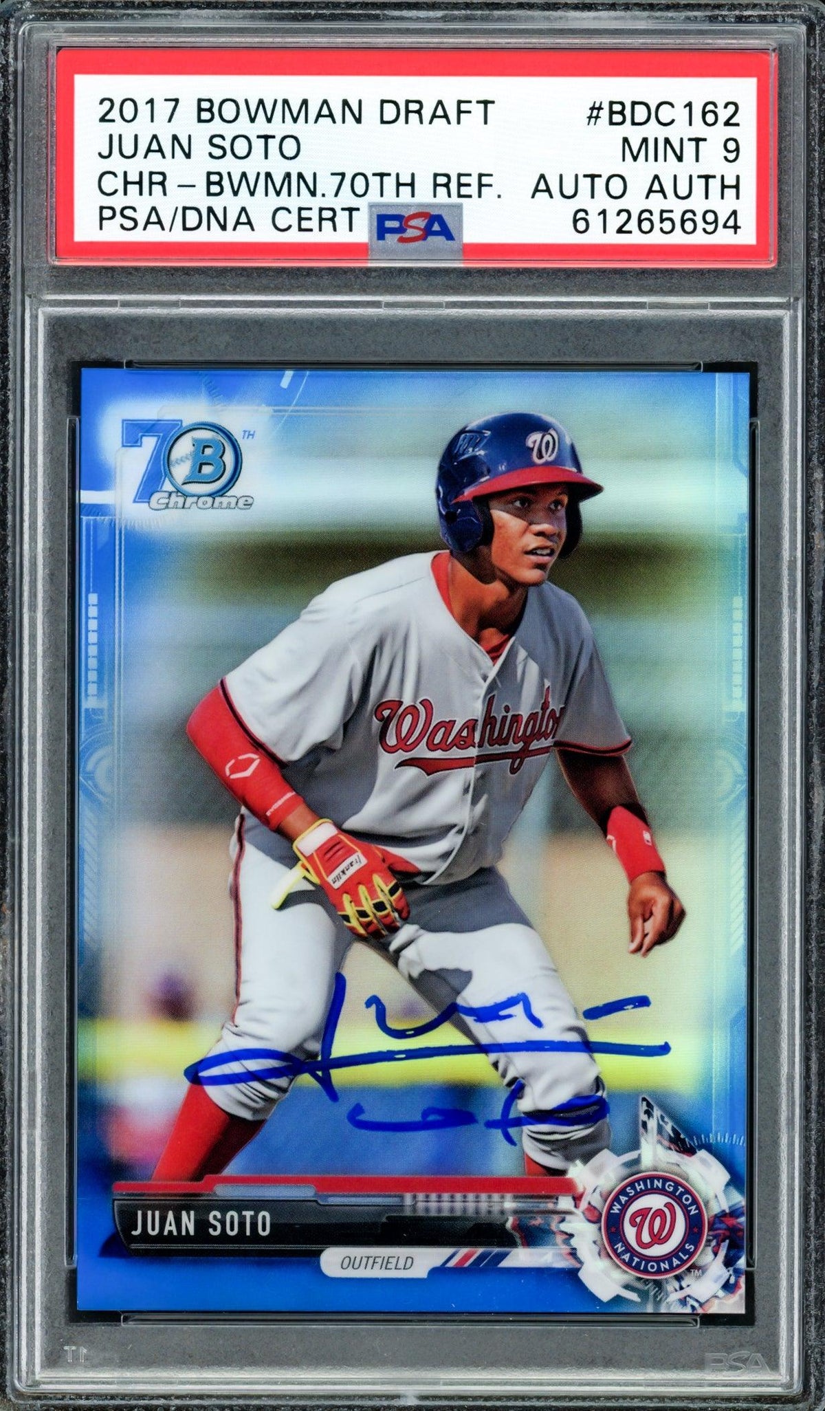 Juan Soto Autographed 2017 Bowman Draft Chrome 70th Refractor Rookie Card #BDC162 Washington Nationals PSA 9 #124/200 PSA/DNA #61265694