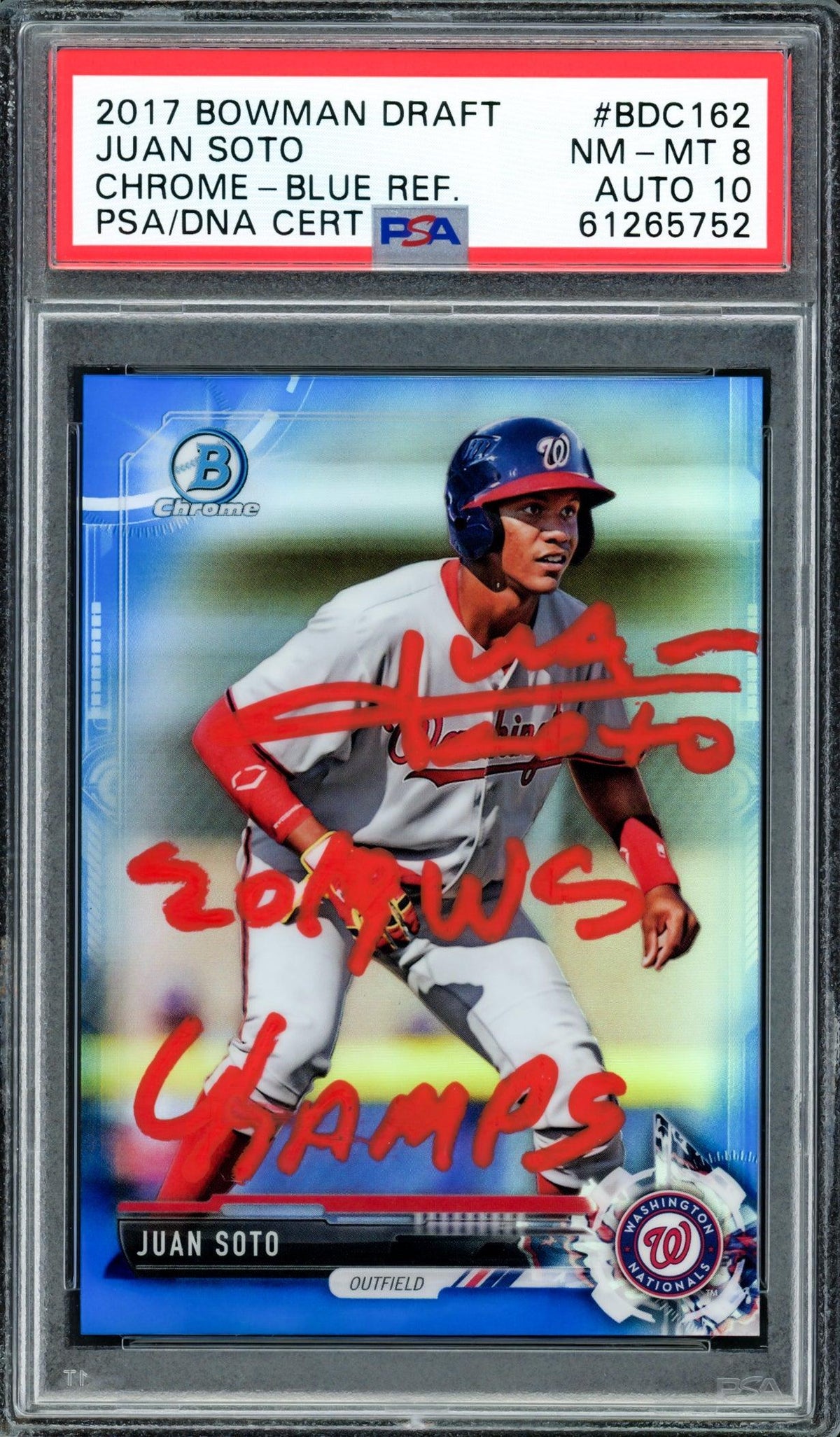 Juan Soto Autographed 2017 Bowman Draft Chrome Blue Refractor Rookie Card #BDC162 Washington Nationals PSA 8 Auto Grade Gem Mint 10 "2019 WS Champs" #36/150 PSA/DNA #61265752