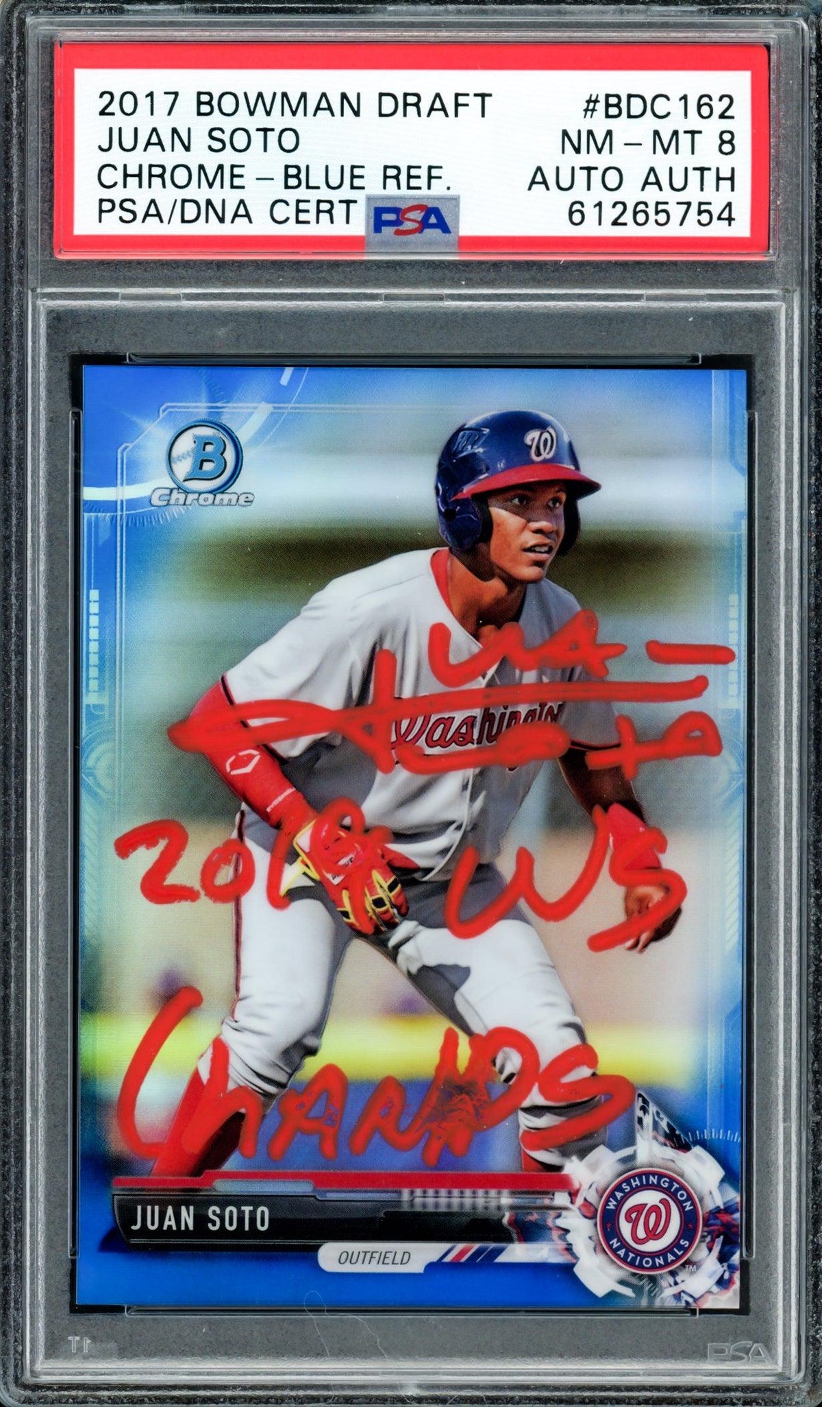 Juan Soto Autographed 2017 Bowman Draft Chrome Blue Refractor Rookie Card #BDC162 Washington Nationals PSA 8 "2019 WS Champs" #84/150 PSA/DNA #61265754