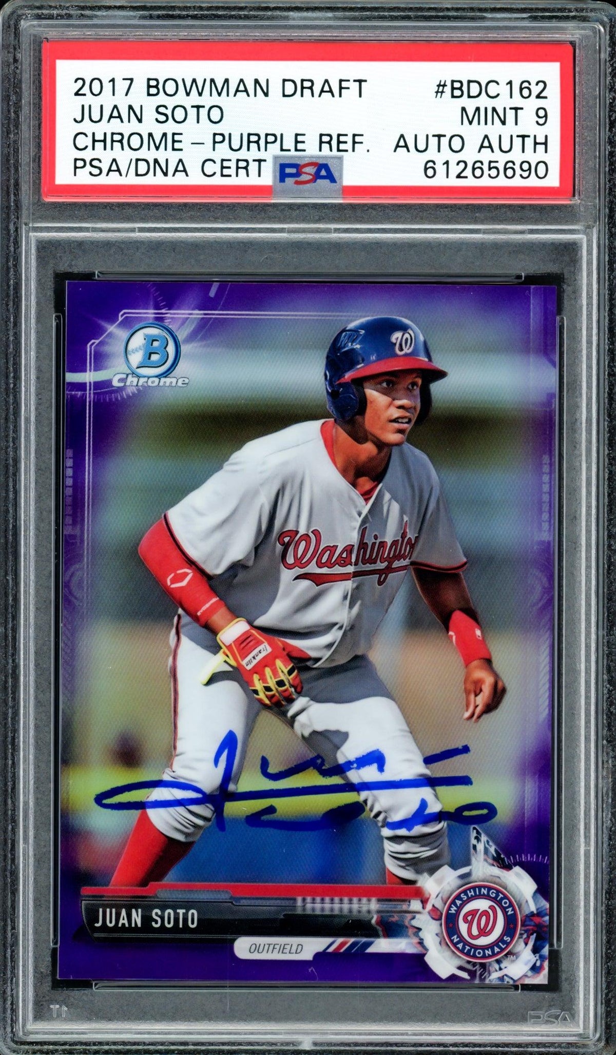 Juan Soto Autographed 2017 Bowman Draft Chrome Purple Refractor Rookie Card #BDC162 Washington Nationals PSA 9 #184/250 PSA/DNA #61265690