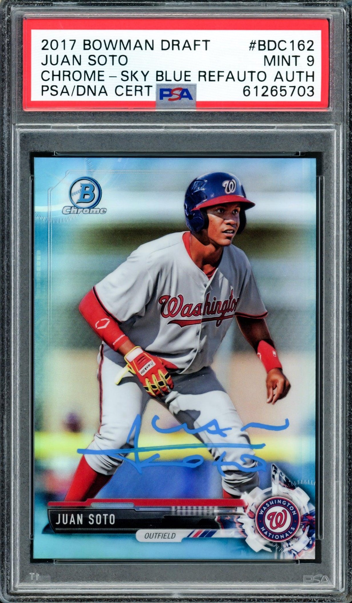 Juan Soto Autographed 2017 Bowman Draft Chrome Sky Blue Refractor Rookie Card #BDC162 Washington Nationals PSA 9 #50/399 PSA/DNA #61265703