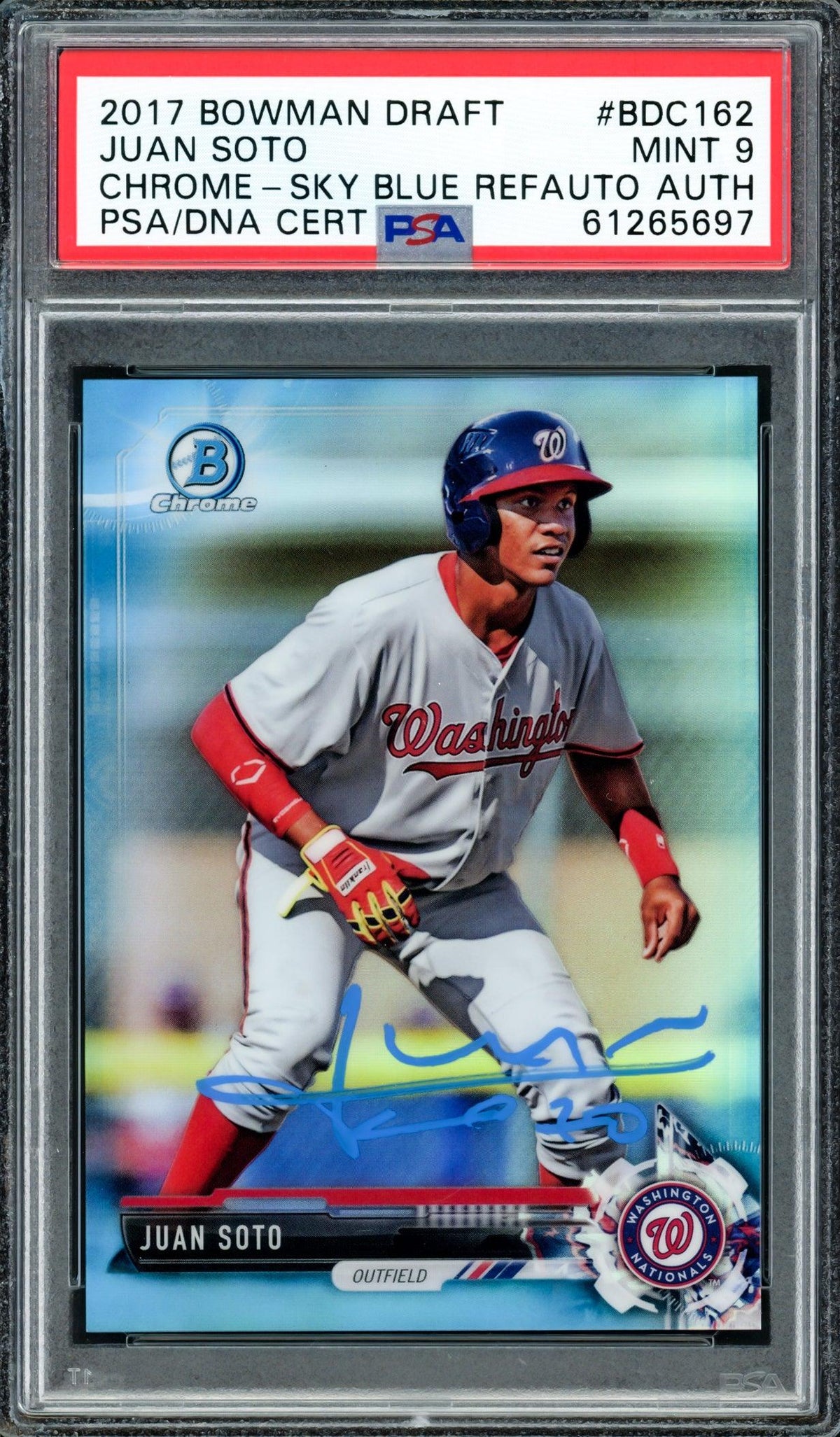 Juan Soto Autographed 2017 Bowman Draft Chrome Sky Blue Refractor Rookie Card #BDC162 Washington Nationals PSA 9 #142/399 PSA/DNA #61265697