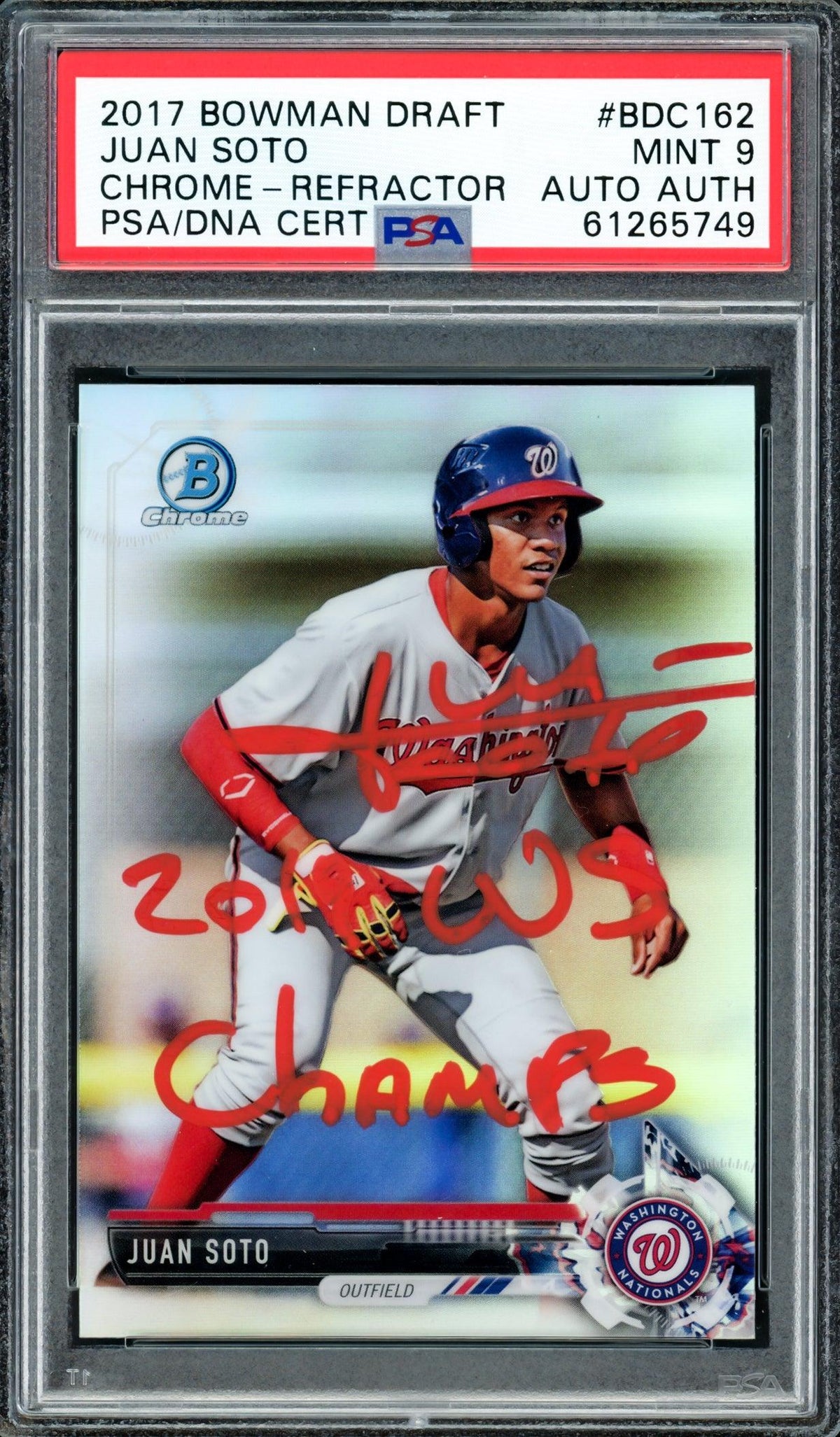 Juan Soto Autographed 2017 Bowman Draft Chrome Refractor Rookie Card #BDC162 Washington Nationals PSA 9 "2019 WS Champs" PSA/DNA #61265749