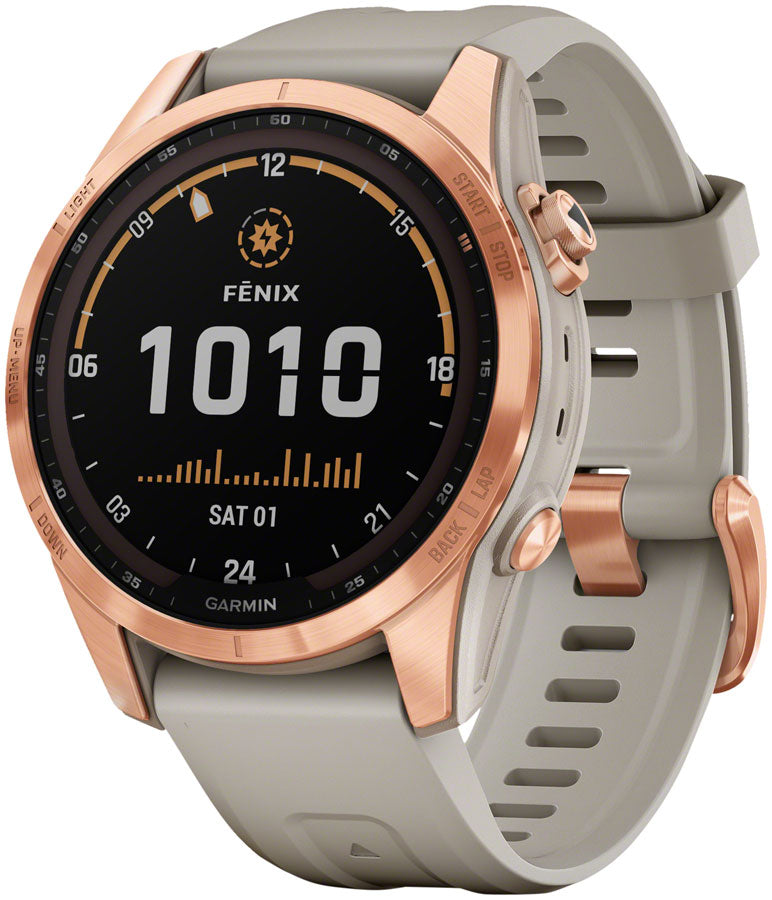 Garmin fenix 7S Solar Smartwatch (fēnix GPS - 42mm Rose Gold Case Light Sand Band)