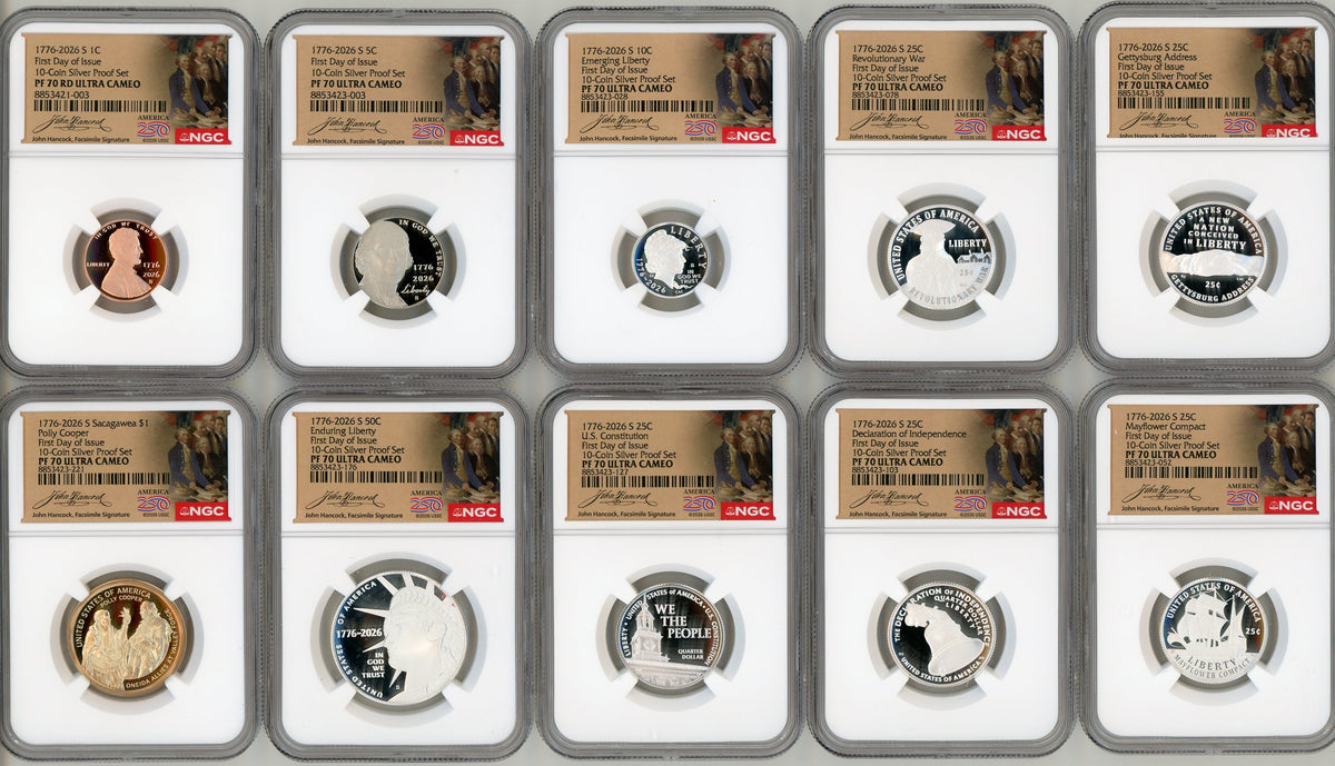 2026-S Semiquincentennial 10 Coin Proof Set NGC PF70 FDI 250 Hancock Label