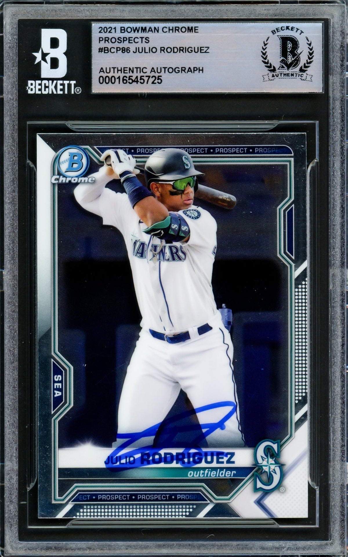 Julio Rodriguez Autographed 2021 Bowman Chrome Card #BCP86 Seattle Mariners Beckett BAS #16545725