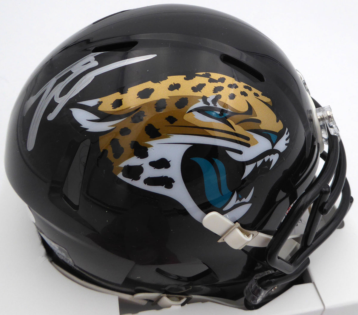 Travis Etienne Autographed Jacksonville Jaguars Black Speed Mini Helmet (Smudged) JSA #AR44764