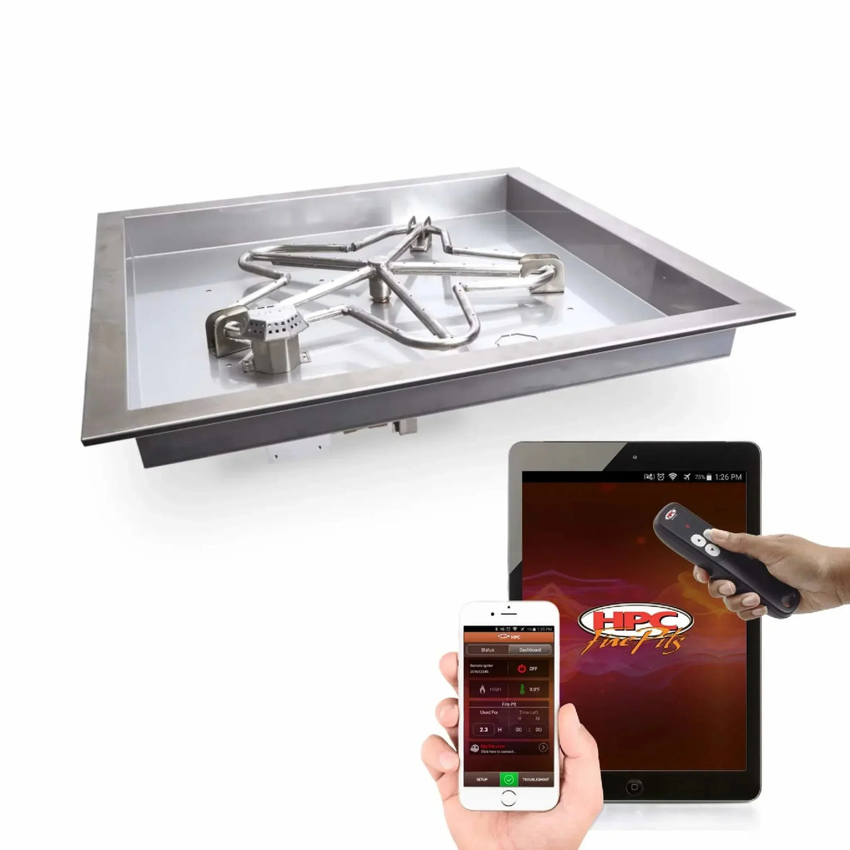 Square Drop-In Hi/Lo Electronic Ignition Fire Pit Burner Kit by HPC Fire (18" x 18" Pan / 12" Penta / Natural Gas / 120 VAC)