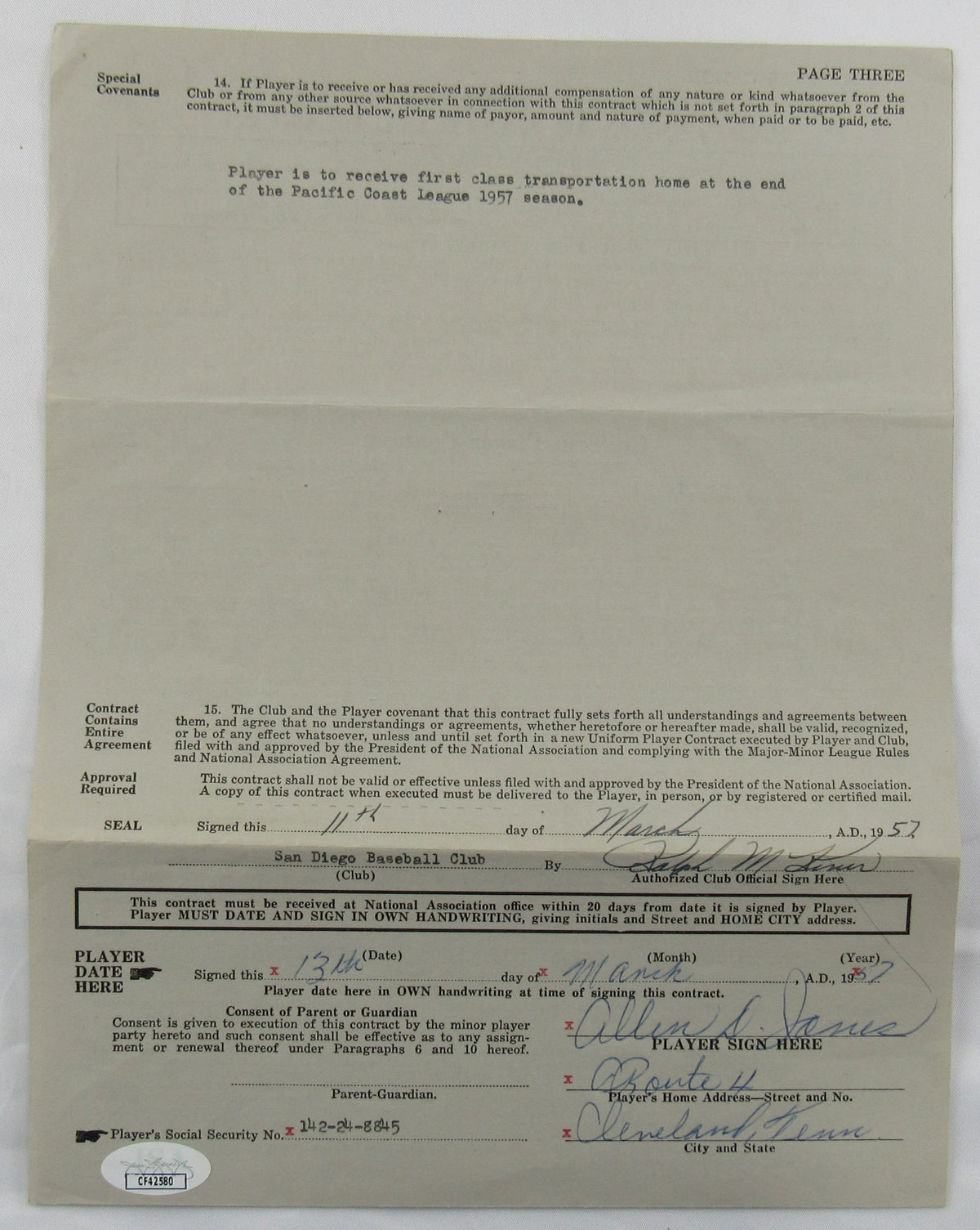 Ralph Kiner Signed Auto Contract JSA CF42580