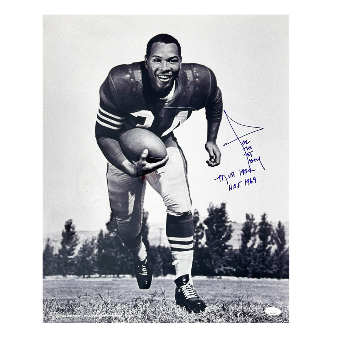 Joe Perry Signed MVP 1954 HOF 1969 Inscription Pose 1 Football 16x20 Photo (JSA)