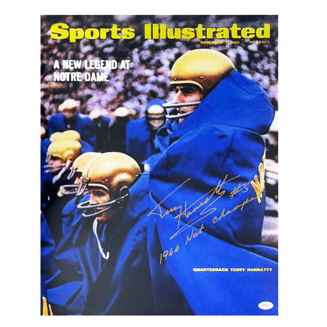 Terry Hanratty Signed 66 Natl Champs Inscription Notre Dame Pose 2 Football 16x20 Photo (JSA)