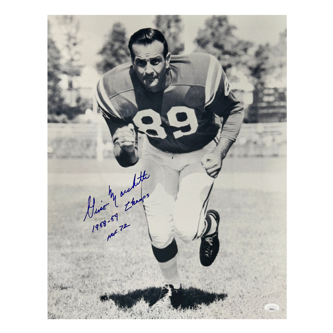 Gino Marchetti Signed HOF 72 1958-59 Champs Inscription Baltimore Pose 1 Football 16x20 Photo (JSA)