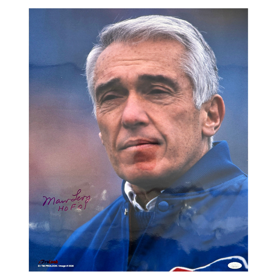 Marv Levy Signed HOF 01 Inscription Buffalo Pose 1 Football 16x20 Photo (JSA)