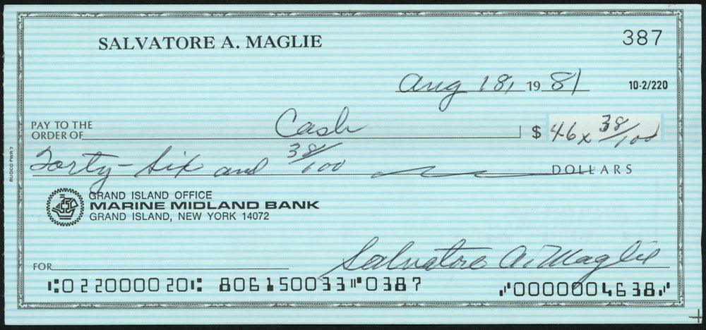 Sal Maglie Autographed 3x6 Check Brooklyn Dodgers, New York Yankees SKU #147867