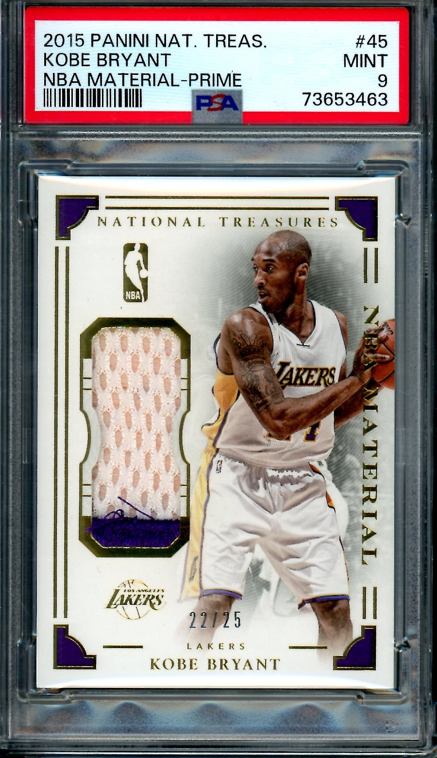 2015/16 National Treasures Kobe Bryant NBA Materials Game Used Patch /25 PSA 9 Lakers