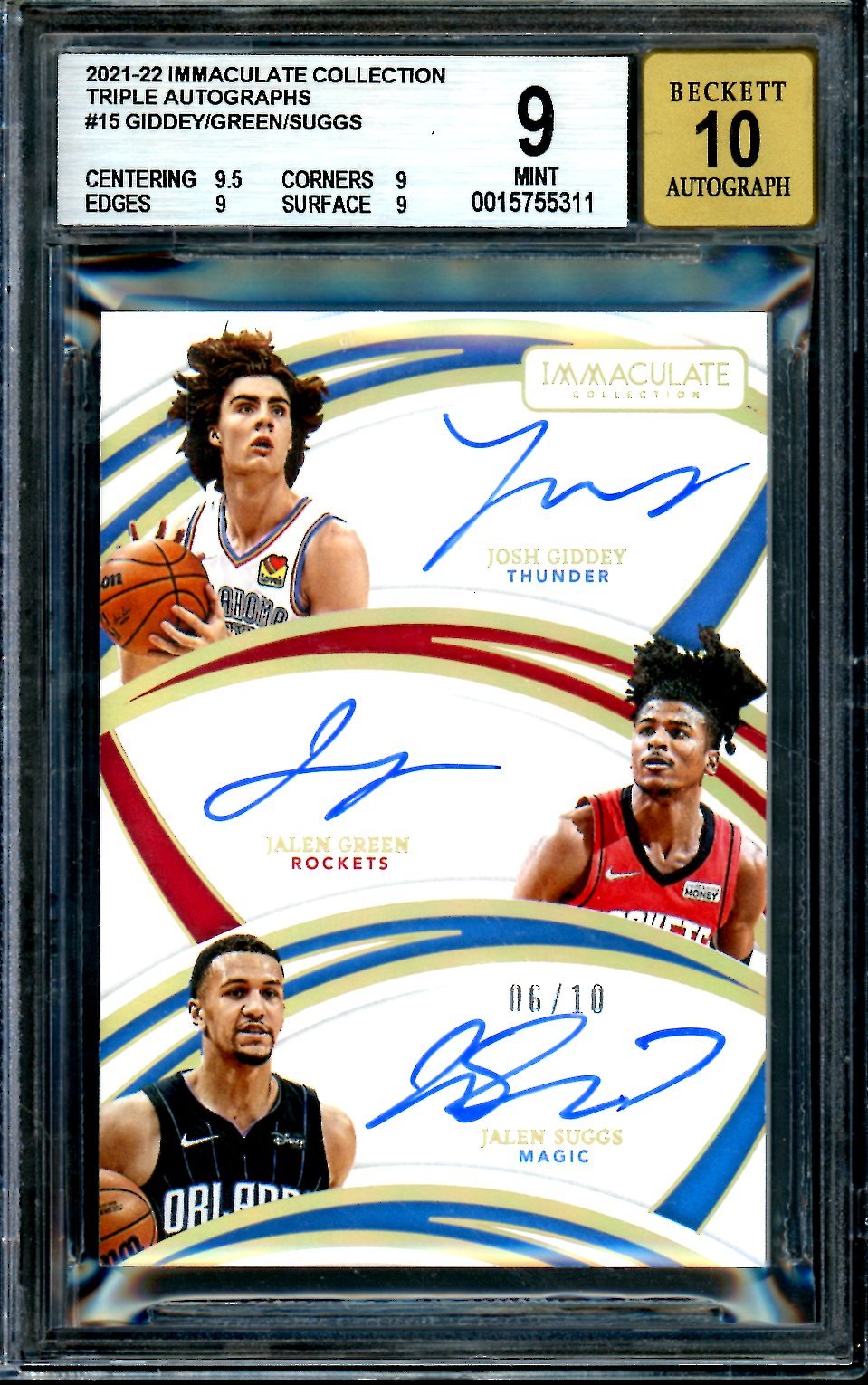 2021/22 Panini Immaculate Josh Giddey/Jalen Green/Jalen Suggs Triple Auto /10 BGS 9