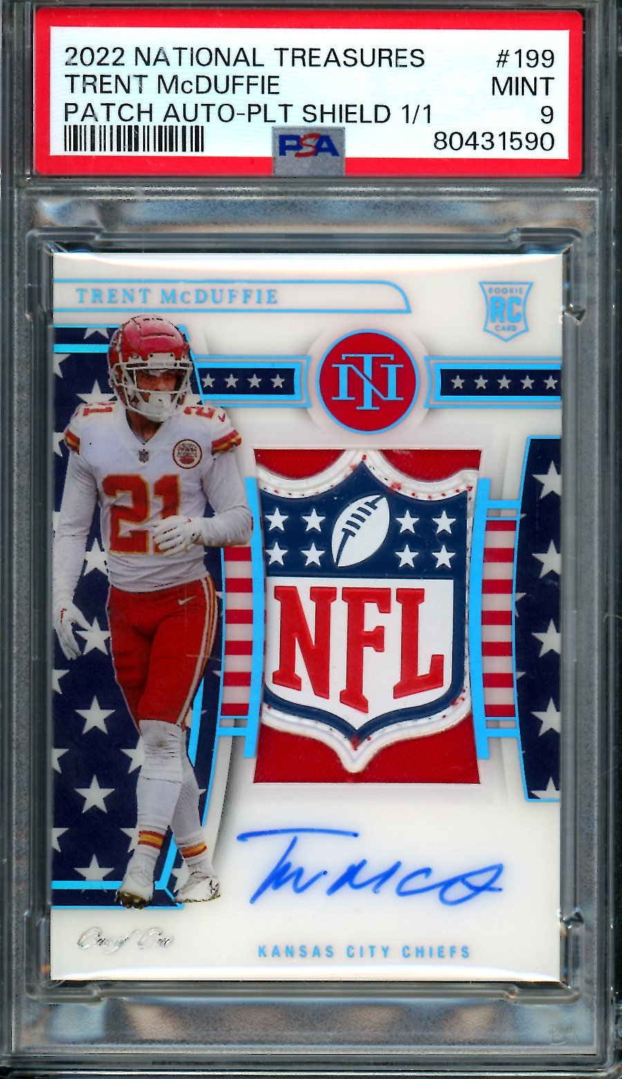 2022 Panini National Treasures Trent McDuffie Rookie NFL Shield 1/1 Patch Autograph PSA 9 Chiefs