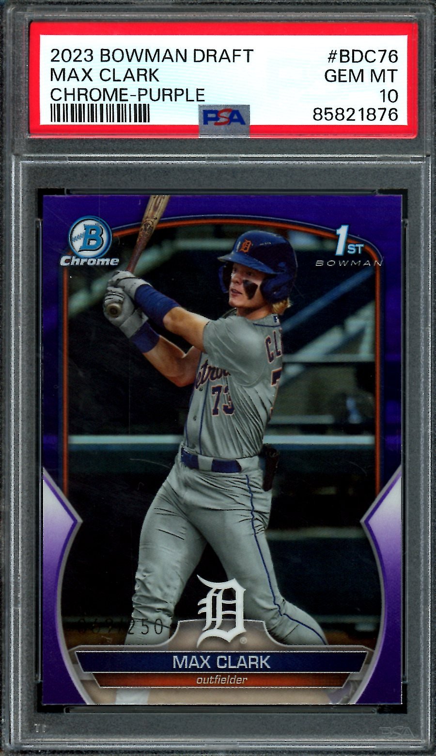 2023 Bowman Draft Max Clark 1st Bowman Purple /250 PSA 10 Tigers