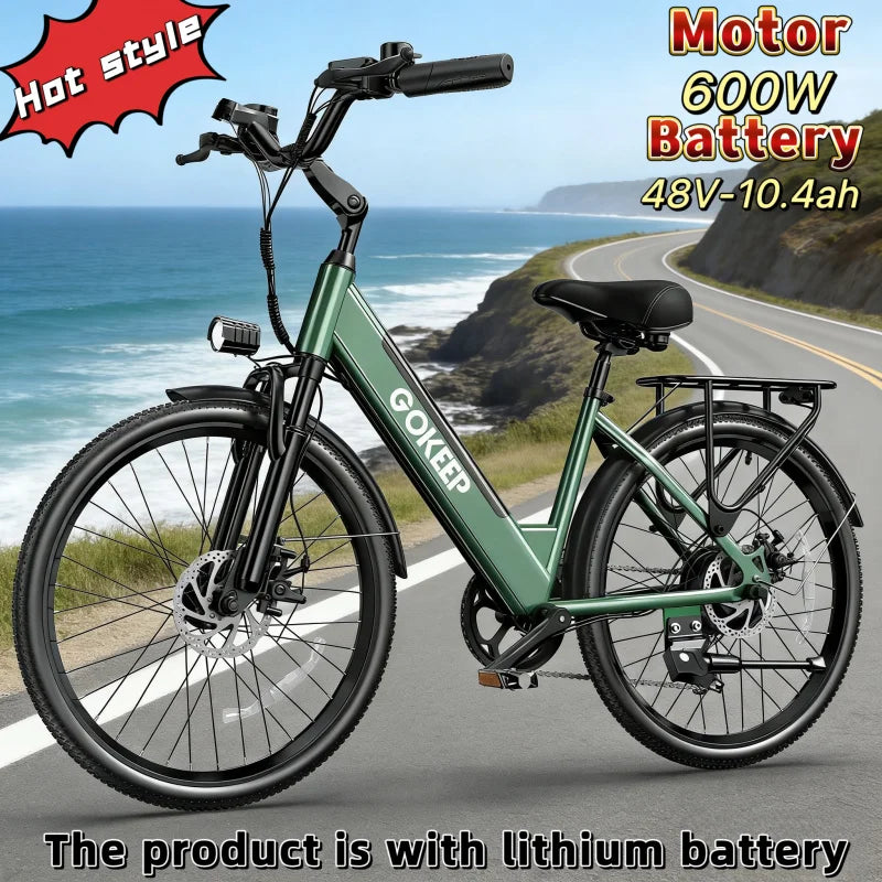 26-inch fashionable E-Bike, 7-speed variable speed adult electric bicycle, 600W brushless motor 48V-10.4ah battery electric mope (black-600w-48v-10.4a)
