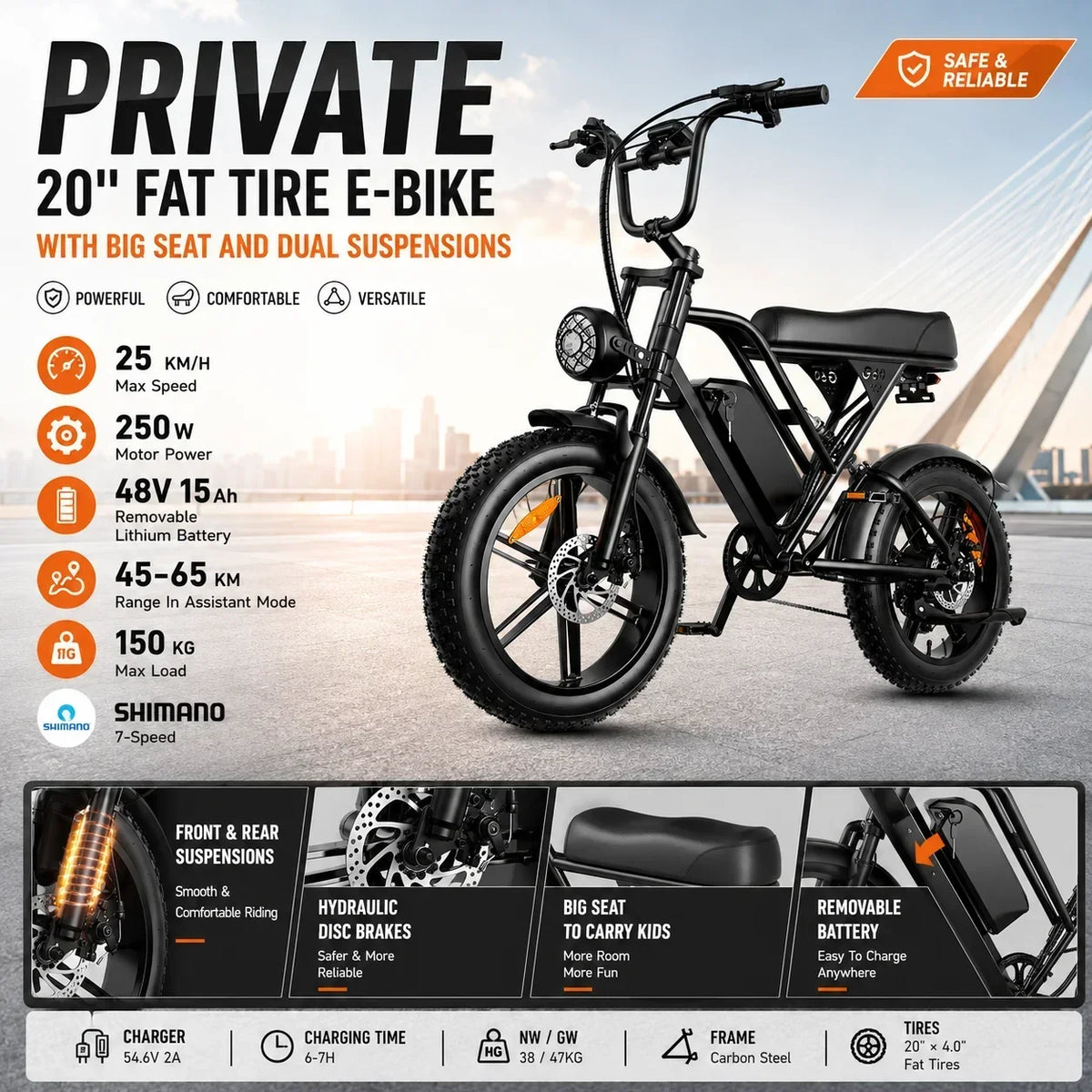 G60 E-Bike 1000W Adult Electric Bicycle 20” Fat Tire E-Bike 48V 15Ah Battery 45-55KM Range Dual Suspension 31MPH (Black-1000W-48V-15AH)