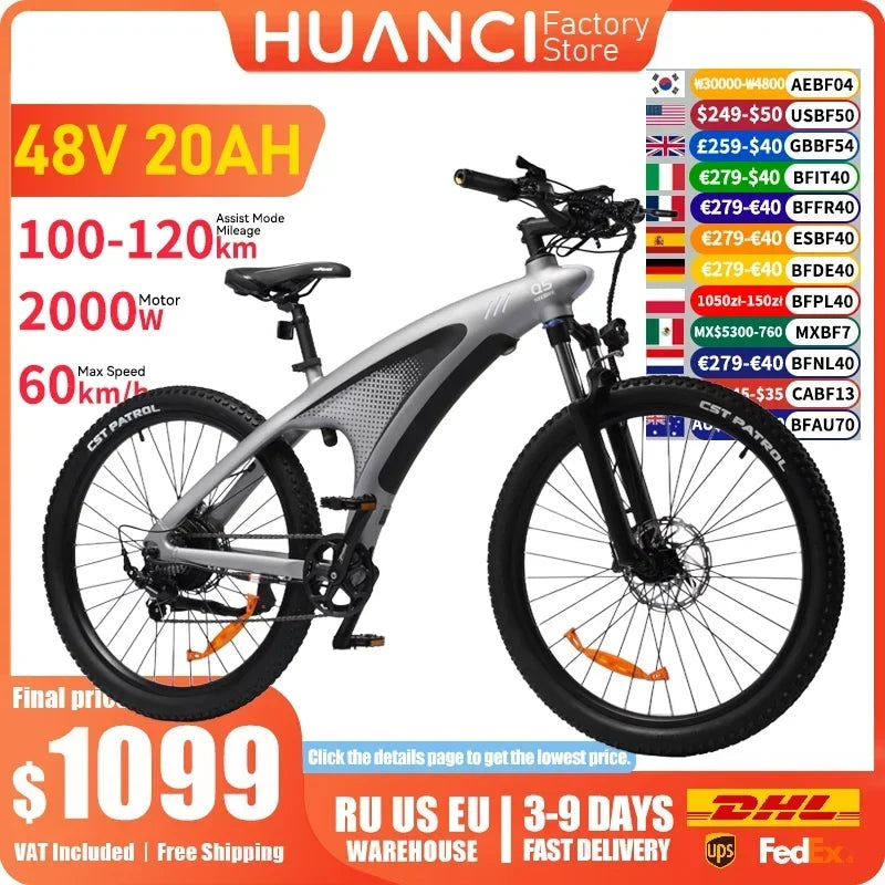 HUANCI Q5 Electric Bike for Adults 2000W Off-road Tire E Bike 48V 20Ah Battery 60KM/H Electric Bicycle for Commuting Long Range (Blue 750W10AH / China Mainland)