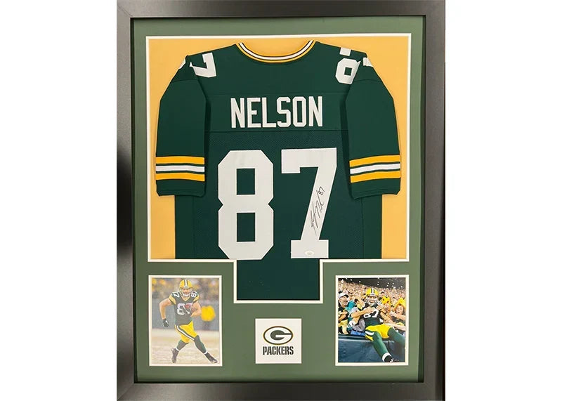 Jordy Nelson Signed Green Bay Framed Jersey 35x44 (JSA)