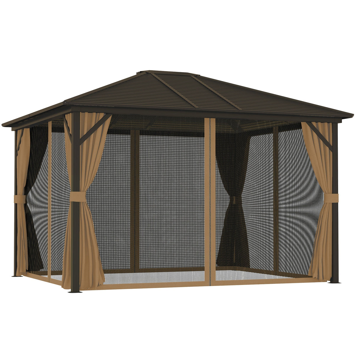 10' x 12' Hardtop Gazebo with Curtains, Netting & Aluminum Frame - Coffee
