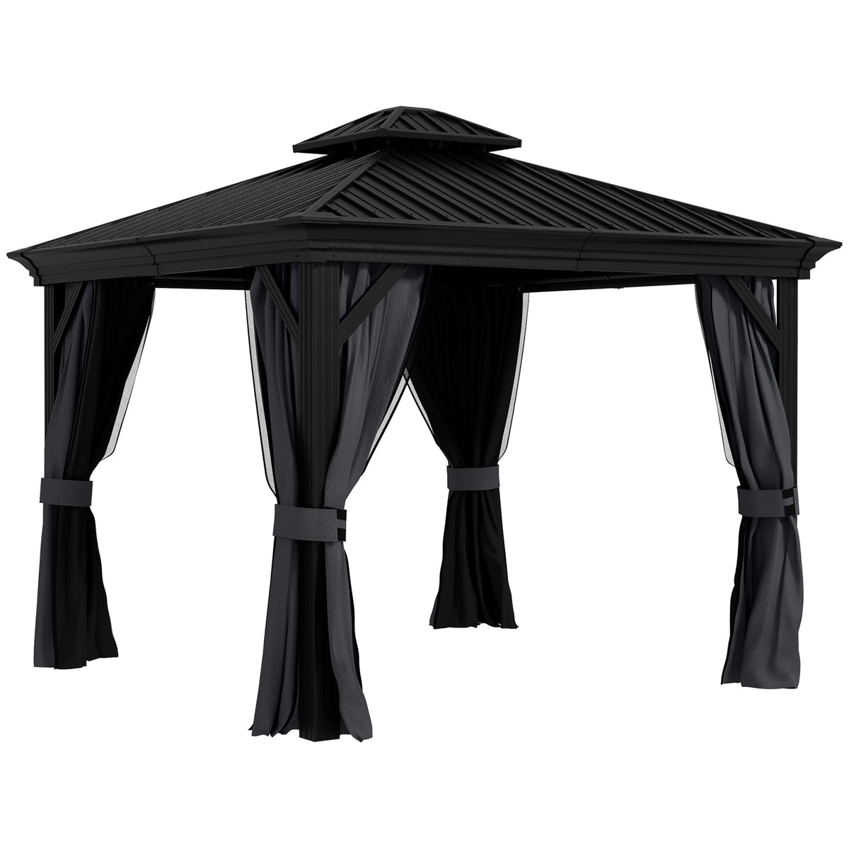 3 x 3.7m Hardtop Gazebo Canopy with 2-Tier Roof & Mesh Netting Sidewalls, Dark Grey