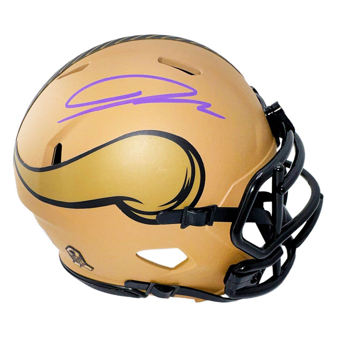 Jordan Addison Signed Purple Ink Minnesota Vikings Salute to Service 2023 Mini Football Helmet (JSA)
