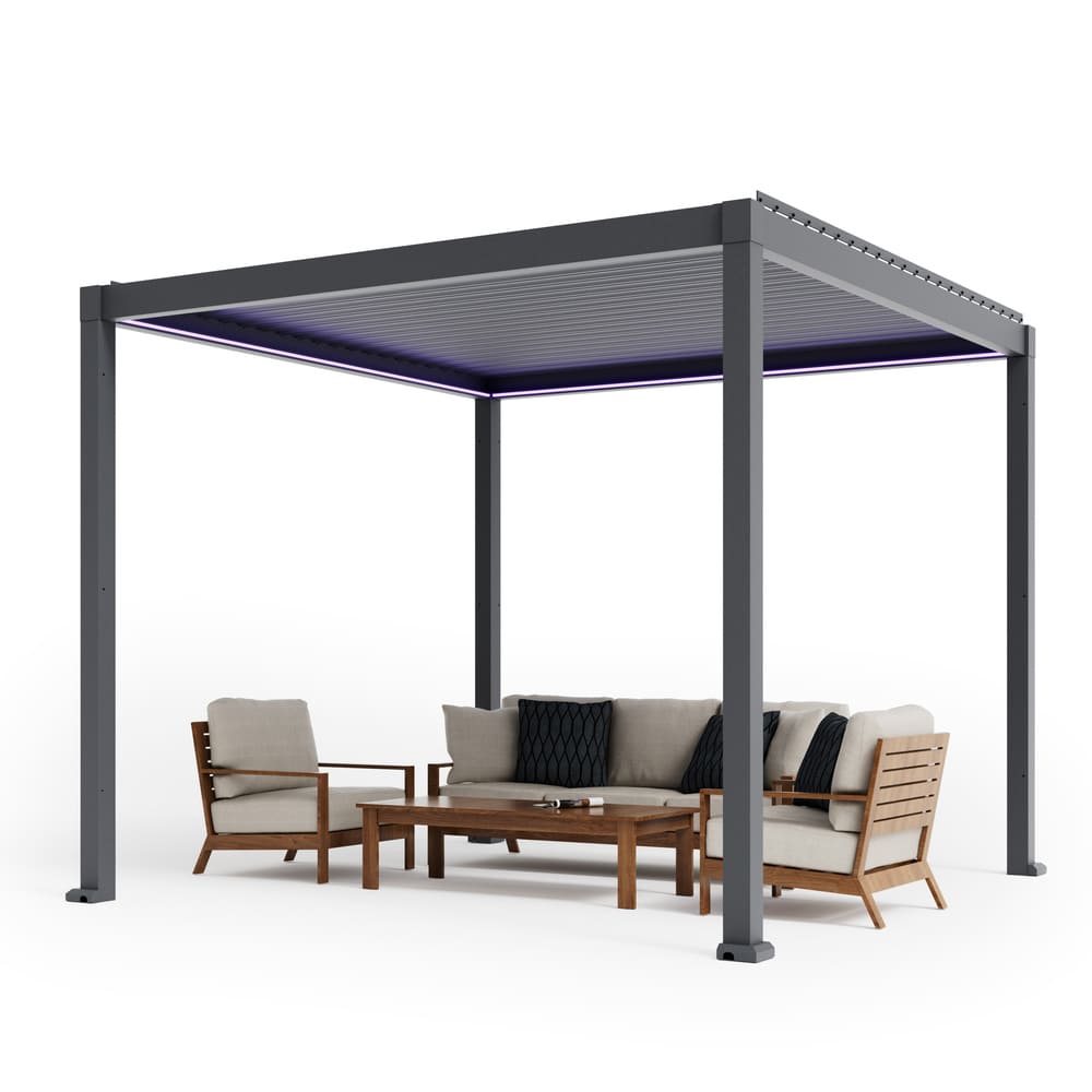 LumaGrove Motorized Aluminum Louvered Pergola with Integrated LED Lights – Modern Adjustable Outdoor Patio Gazebo (10 X 10 FT / Electric Starry Sky Canopy)