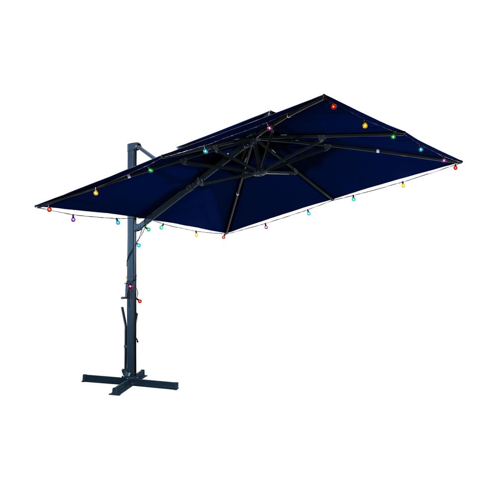 10 FT Square Aluminum Cantilever Patio Umbrella with Hook – Offset Outdoor Umbrella in Navy Blue/Tan/Gray for Patio & Garden (Gray / Base-2)