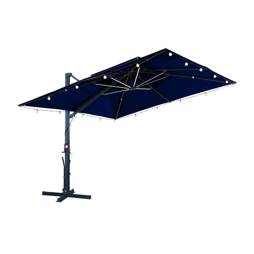 10×10 FT Double Top Aluminum Cantilever Patio Umbrella with LED Lights & Hook – Offset Outdoor Umbrella in Navy Blue/Tan/Gray (Navy Blue / Base-1)