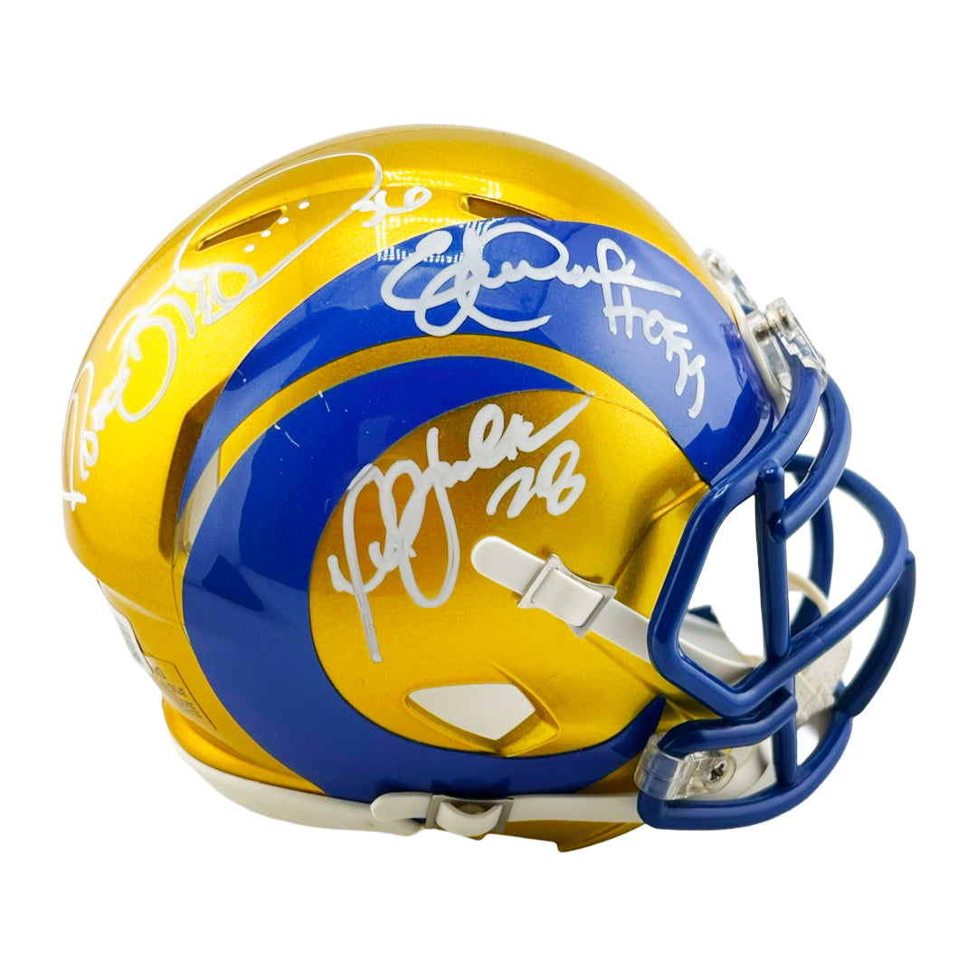 Marshall Faulk, Jerome Bettis & Eric Dickerson with HOF 99 Inscription Signed Los Angeles Rams Flash Mini Football Helmet (Beckett)
