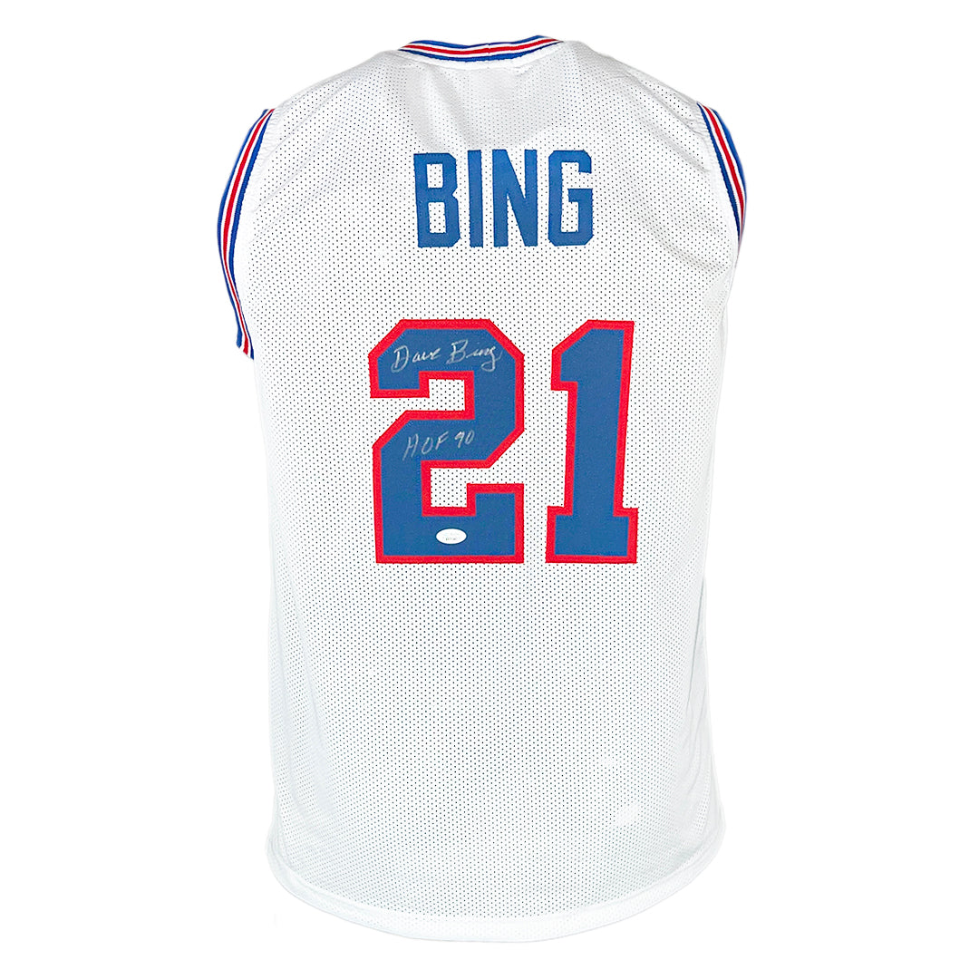 David Bing Signed HOF 1990 Inscription Detroit White Basketball Jersey (JSA)